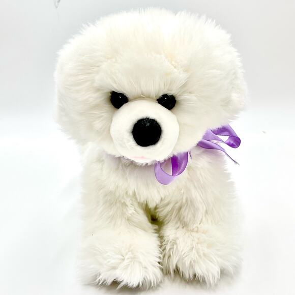 Aurora World White Fluffy Dog Plush Sitting Freckles Pink Tongue Purple Ribbon - Picture 10 of 10